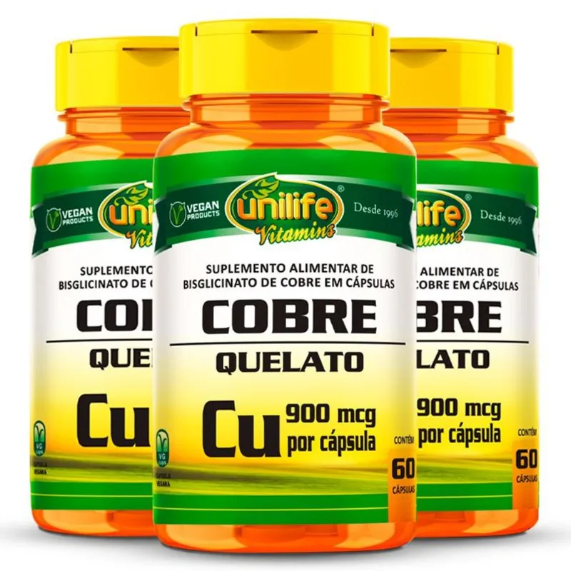 Kit 3 Cobre Quelato Unilife 60 cápsulas