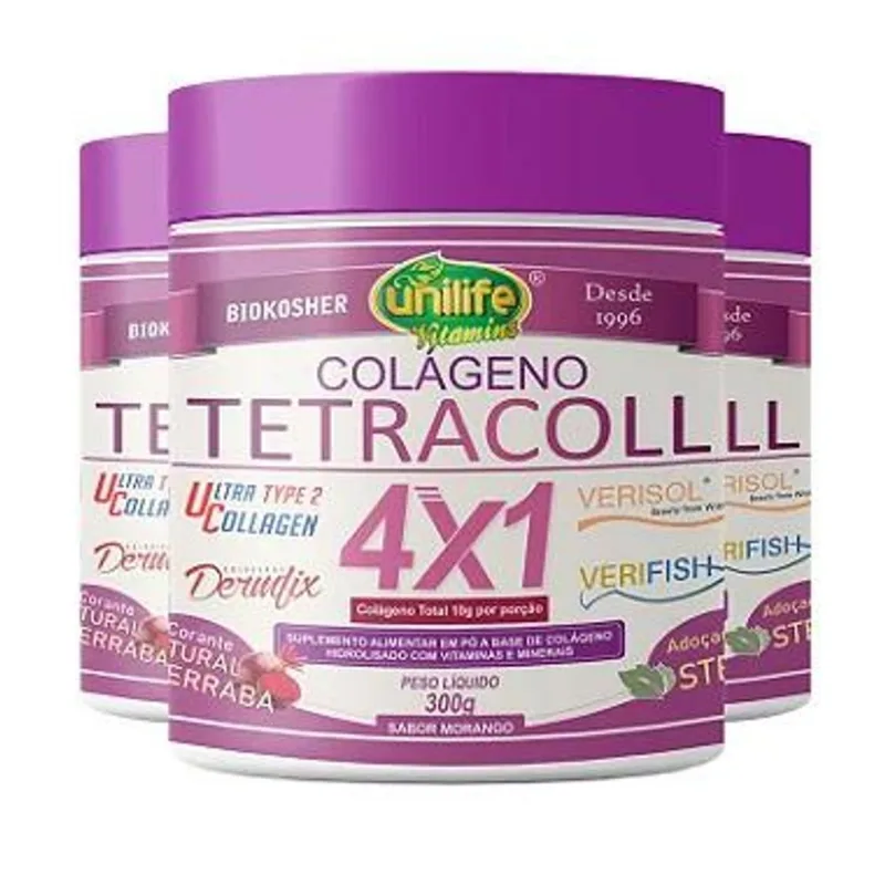 Kit 3 Colágeno 4 em 1 Tetracoll Unilife 300g Morango