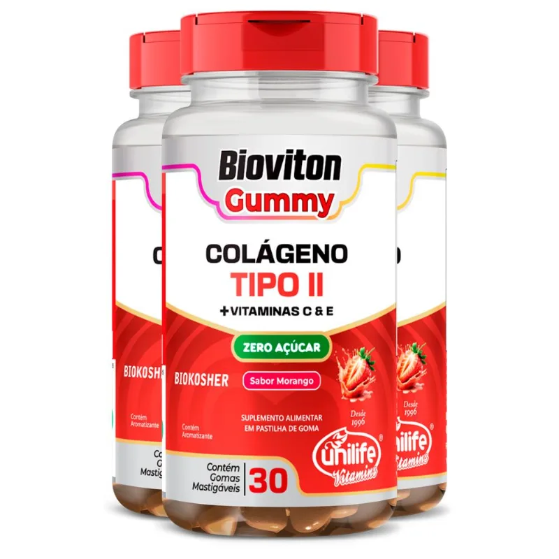 Kit 3 Gummy Colágeno Tipo II Morango Unilife 30 gomas