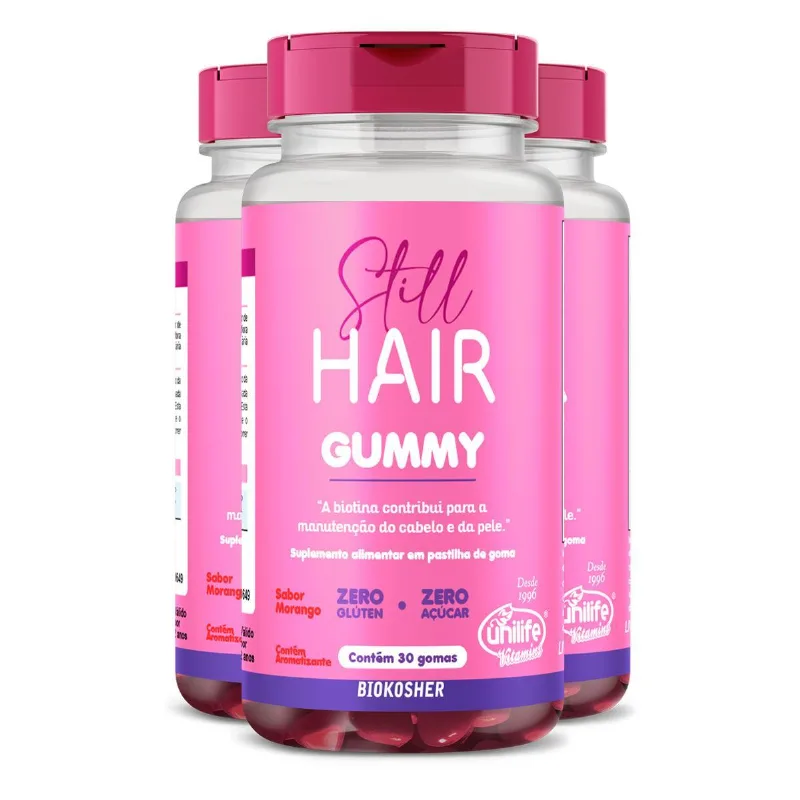 Gummy Hair Still Morango Unilife 30 Gomas Kit 3 Unidades