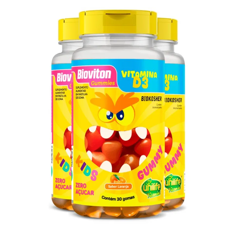 Kit 3 Gummy Kids Vitamina D3 Unilife 30 gomas Laranja