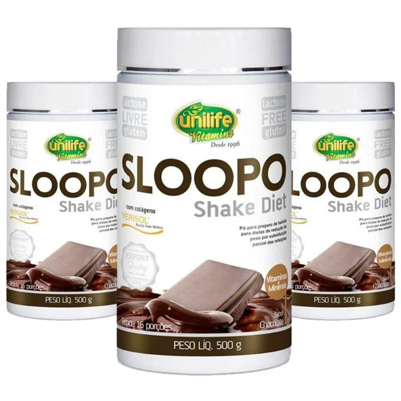 Kit 3 Sloopo Shake Diet Colágeno Unilife Chocolate