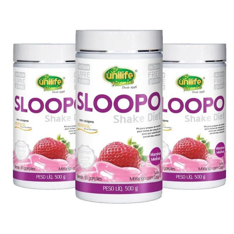 Kit 3 Sloopo Shake Diet Colágeno Unilife Morango