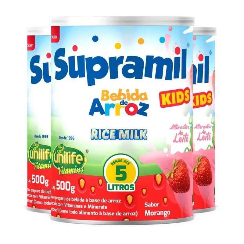 Kit 3 Supramil Bebida De Arroz Kids Morango Unilife 500G