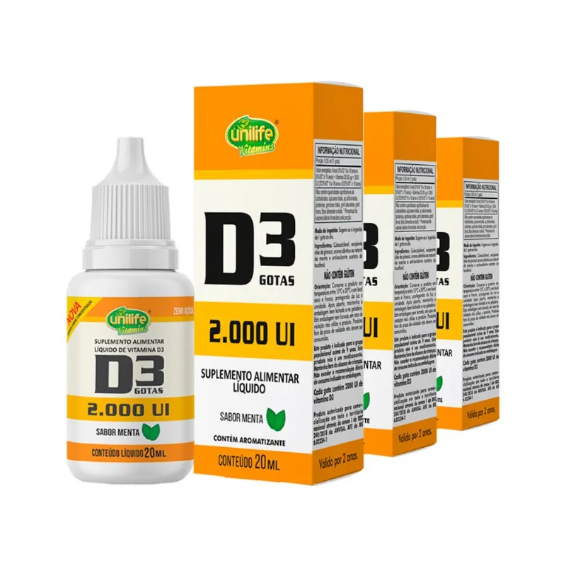 Kit 3 Vitamina D3 2.000 UI Unilife Menta 20ml