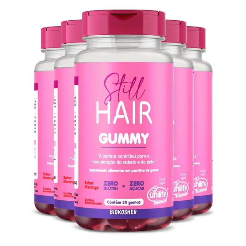 Gummy Hair Still Morango Unilife 30 Gomas Kit 5 Unidades
