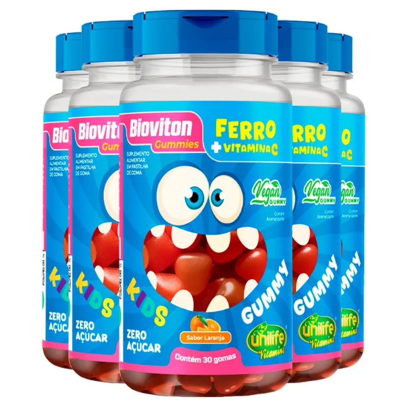 Kit 5 Gummy Kids Ferro + C Unilife 30 gomas Laranja