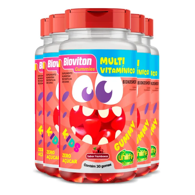 Kit 5 Gummy Kids Multivitamínico Unilife 30 gomas Framboesa