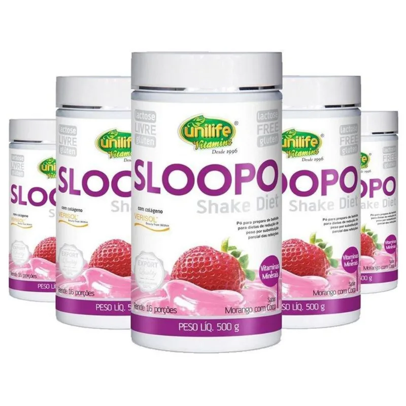Kit 5 Sloopo Shake Diet Colágeno Unilife Morango