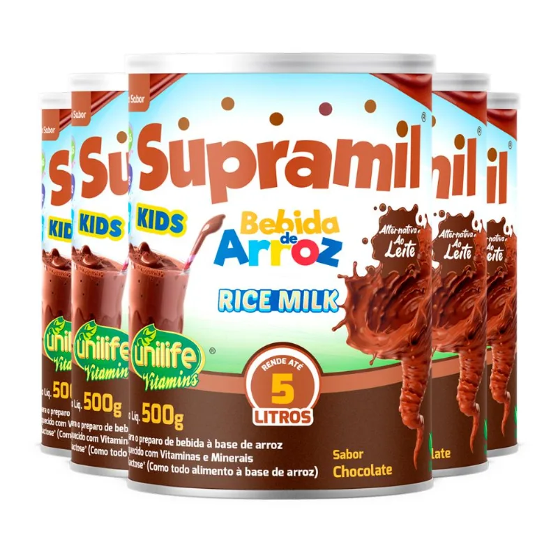 Kit 5 Supramil Bebida de Arroz Kids Chocolate Unilife 500g