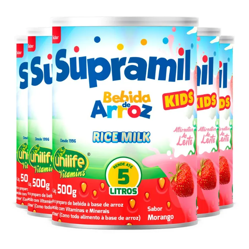 Kit 5 Supramil Bebida de Arroz Kids Morango Unilife 500g