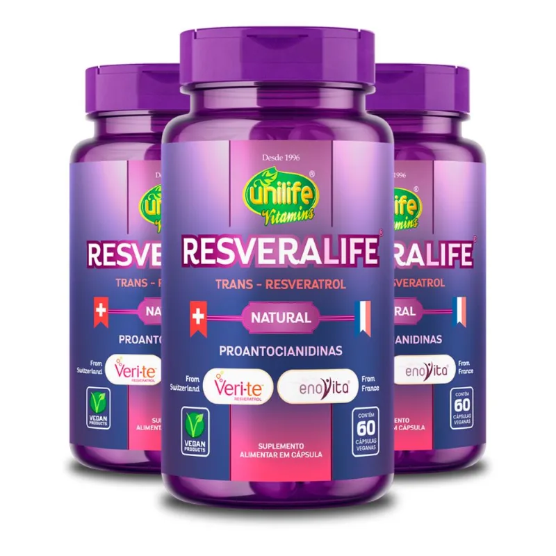 Kit 3 Trans Resveratrol Resveralife Unilife 60 Cápsulas