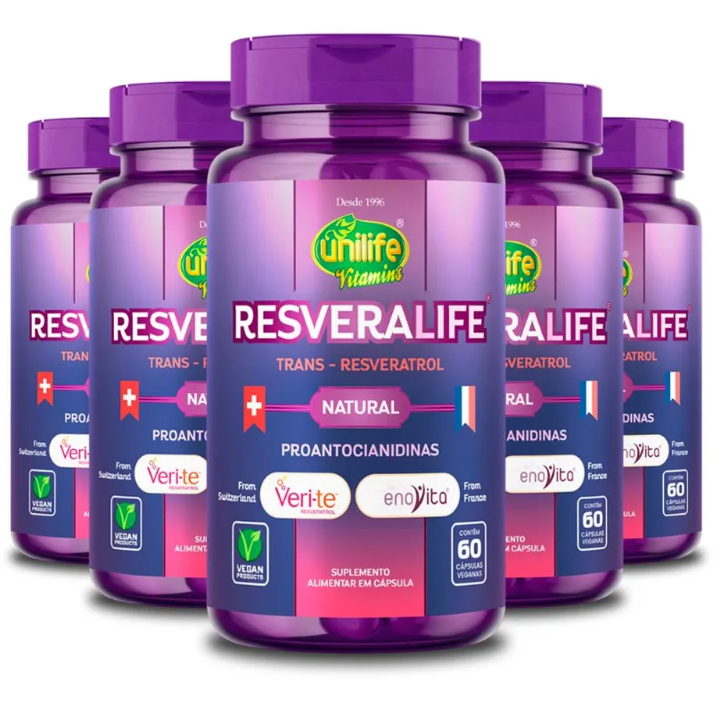 Kit 5 Trans Resveratrol Resveralife Unilife 60 Cápsulas