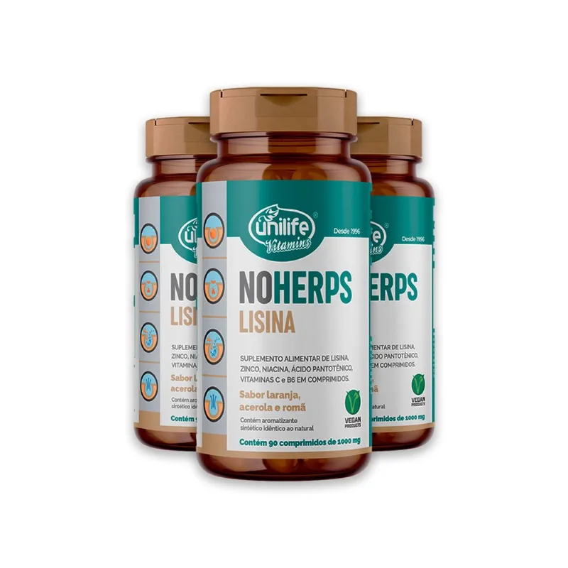 Kit 3 NoHerps Lisina Unilife 90 Comprimidos Laranja e Acerola