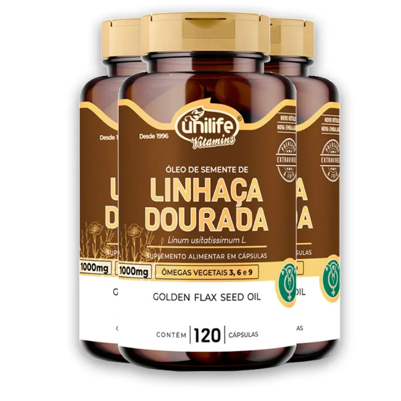 Kit 3 Óleo de Semente de Linhaça Dourada Unilife 1000mg 120 Cápsulas