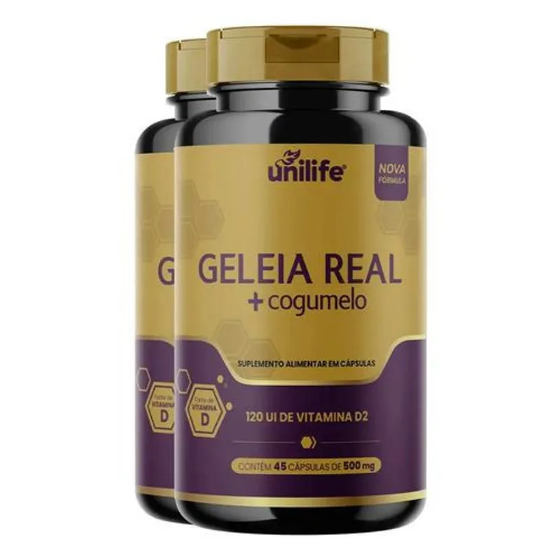 Kit 2 Geleia Real + Cogumelo Unilife 500mg 45 Cápsulas