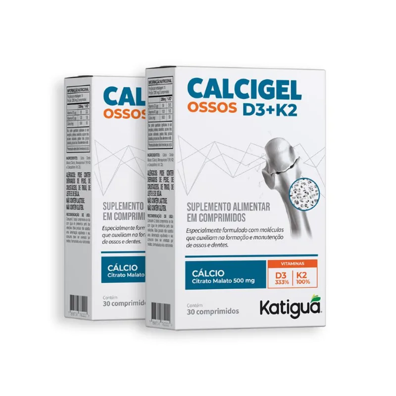 Kit 2 Calcigel Osso D3+K2 Katiguá 500mg 30 Comprimidos