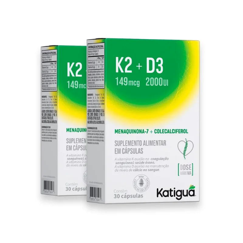 Kit 2 K2 149mcg+D3 2000UI Max Katiguá 30 Cápsulas