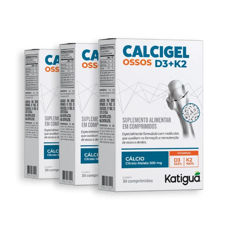 Kit 3 Calcigel Osso D3+K2 Katiguá 500mg 30 Comprimidos