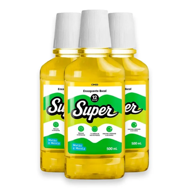 Kit 3 Enxaguante Bucal Super 12H Cimed Melão e Menta 500ml - Cimed - Enxaguante Bucal