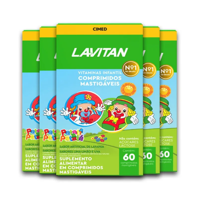 Kit 5 Vitamina Infantil Lavitan 60 Comprimidos Limão e Uva