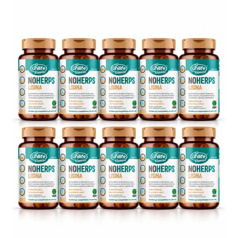 Kit 10 NoHerps Lisina 1000mg Unilife 90 Comprimidos Laranja, Acerola e Romã Kit 10 NoHerps Lisina Unilife 90 Comprimidos Laranja Acerola