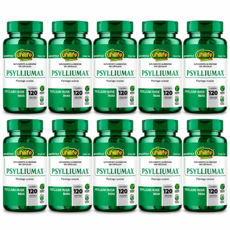 Kit 10 Psyllium Unilife Psylliumax 120 cápsulas