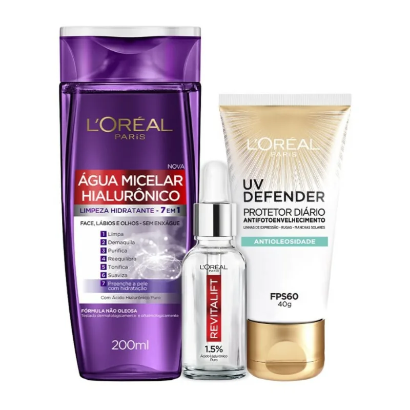 Kit Tratamento Facial L'Oréal Paris Água Micelar Hialurônico 200ml + Sérum Revitalift 15ml + Protetor Solar UV Defender FPS60 40g