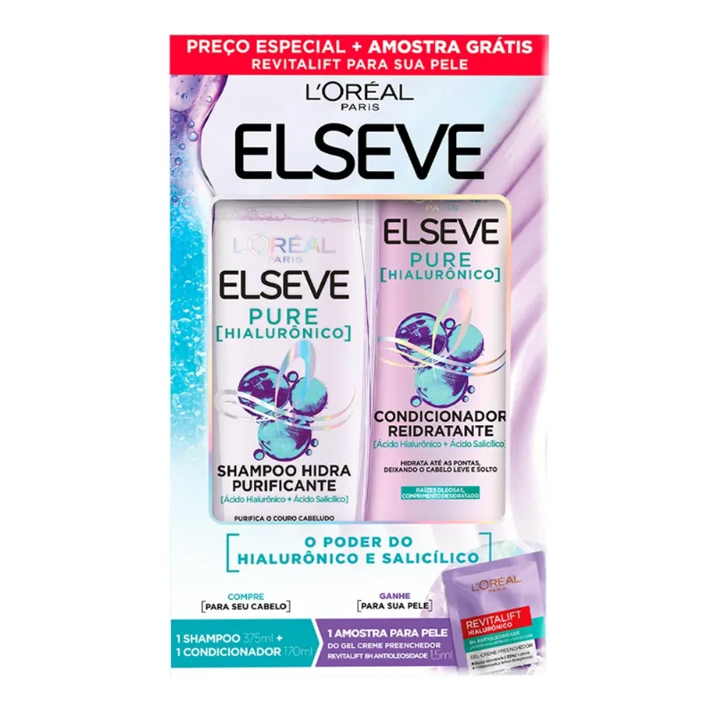 Kit L’Oreal Paris Shampoo Elseve 375ml + Condicionador Elseve 170ml Pure Hialurônico + Amostra Gel Creme Preenchedor Revitalift 1,5ml
