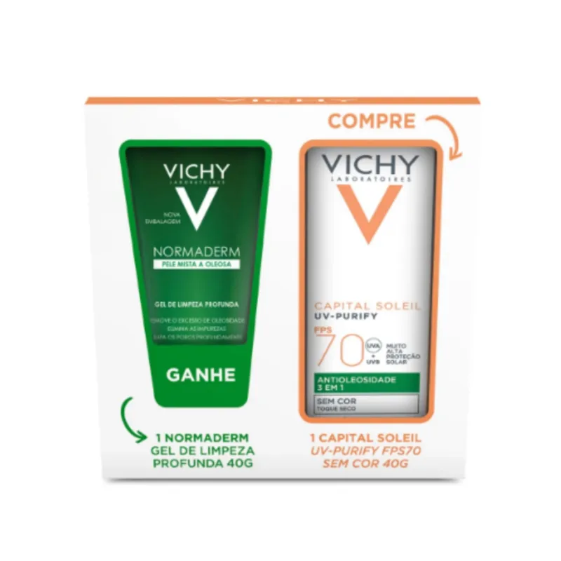 Kit Protetor Solar Facial Ideal Soleil UV-Purify FPS 70 40g + Gel de Limpeza Profunda Normaderm Vichy 40g - Vichy - Gel De Limpeza