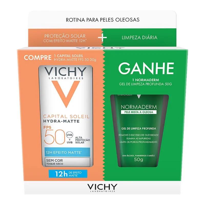 Kit Vichy Protetor Solar Facial FPS 50 Capital Soleil Hydra-Matte 30g + Gel de limpeza Normaderm 50g