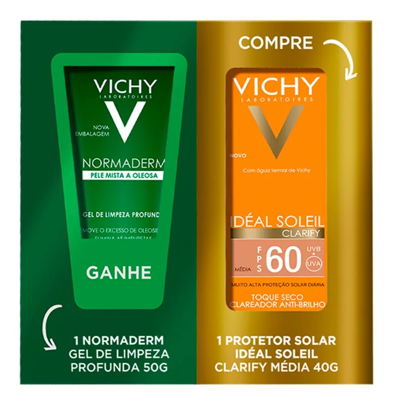 Kit Vichy Protetor Solar Facial FPS 60 Idéal Soleil Clarify Média 40g + Gel Limpeza Normaderm 50g