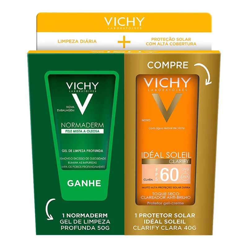 Kit Vichy Protetor Solar Facial FPS 60 Idéal Soleil Clarify Clara 40g + Gel Limpeza Normaderm 50g