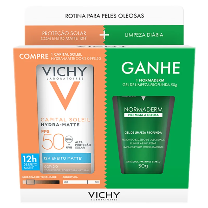 Kit Vichy Protetor Solar Facial FPS 50 Capital Soleil Hydra-Matte 2.0 30g + Gel de limpeza Normaderm 50g