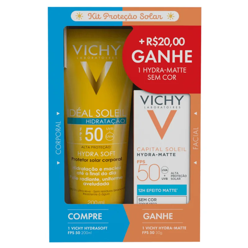 Kit Vichy Protetor Solar Corporal FPS 50 Idéal Soleil Hydra Soft 200ml + Facial FPS 50 Capital Soleil Hydra-Matte 30g