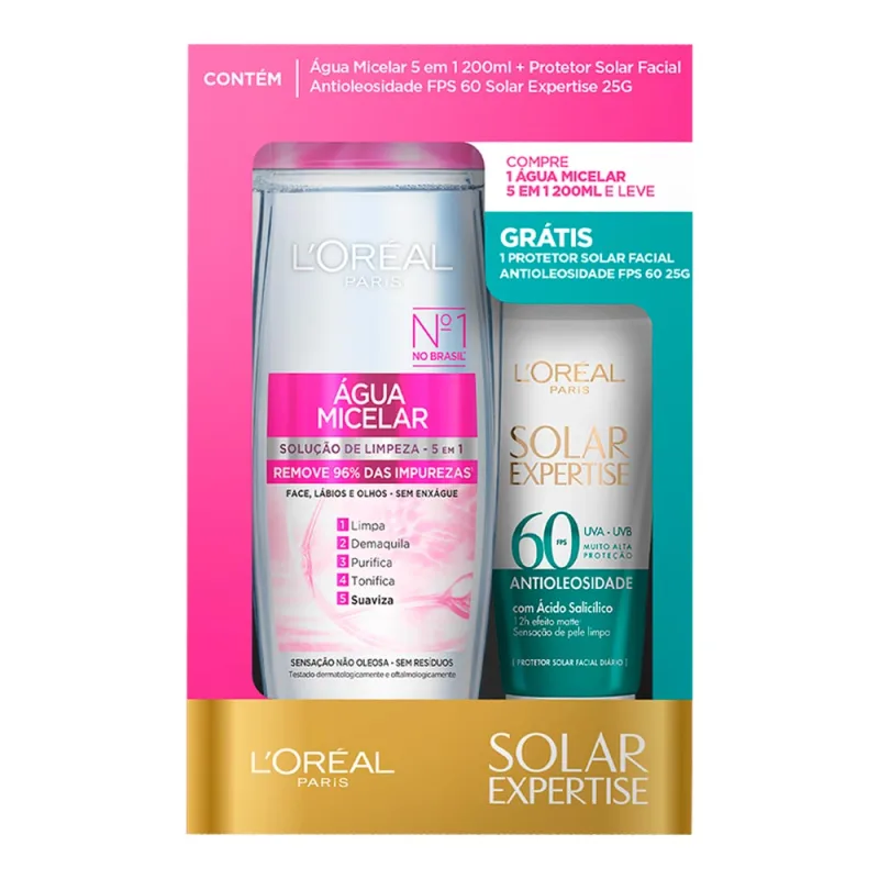 Kit L’Oréal Paris Solar Expertise Água Micelar 200ml + Protetor Solar FPS60 Antioleosidade 25g - Beard Brasil