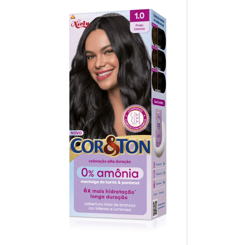 Kit Coloração Creme 1.0 Preto Intenso Manteiga de Karité & Pantenol Niely Cor&Ton