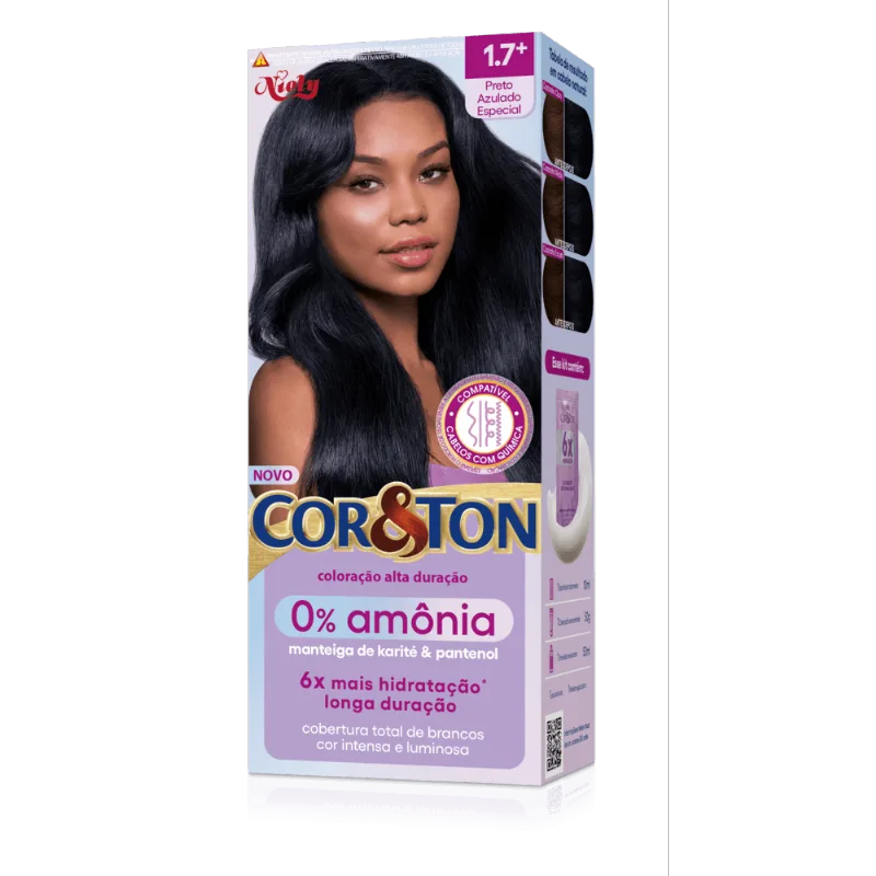 Kit Coloração Creme 1.7+ Preto Azulado Especial Manteiga de Karité & Pantenol Niely Cor&Ton