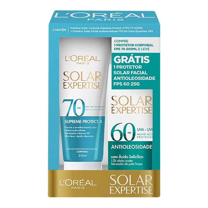 Kit L’Oréal Paris Protetor Solar Corporal FPS 70 Solar Expertise 200ml + Facial FPS 60 Antioleosidade 25g - Beard Brasil