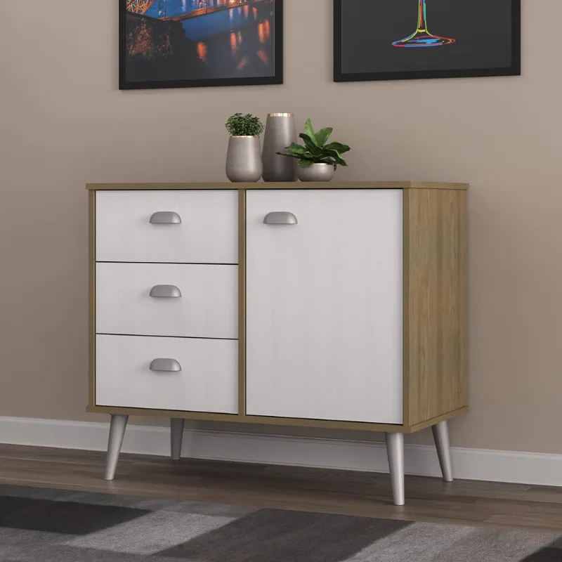Cômoda com 3 Gavetas e 1 Porta - Avelã/Branco