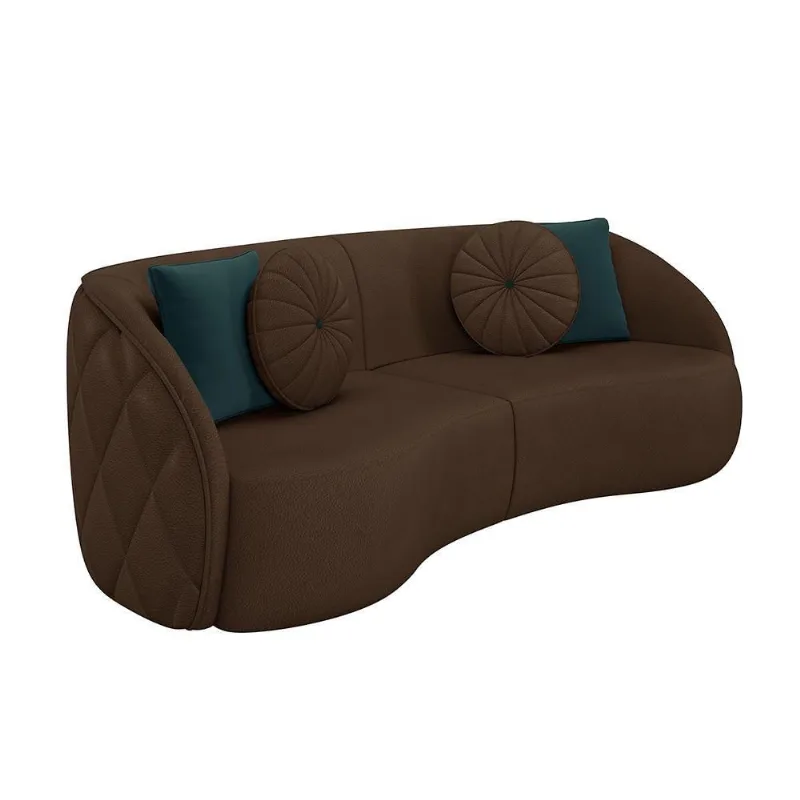 Sofá Decorativo 240cm c/ Almofadas Redondas Marrom
