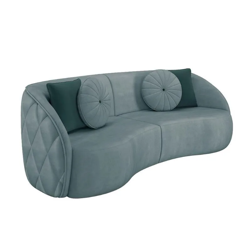 Sofá Decorativo 240cm c/ Almofadas Redondas Azul Turquesa