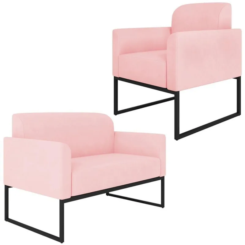 Conjunto Namoradeira e Poltrona Isabella G19 Suede Rosa Bebê Preto para Sala de Estar Gran Belo - Gran Belo - Móveis