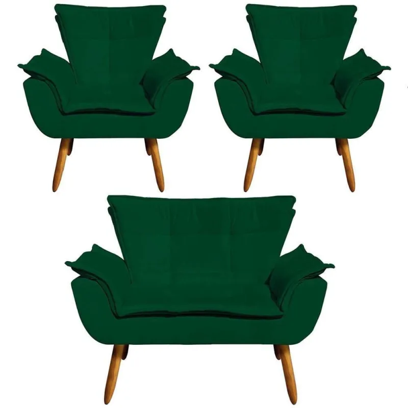 Conjunto 2 Poltronas e 1 Namoradeira Charger Suede Verde G19 para Sala de Estar Gran Belo - Gran Belo - Móveis