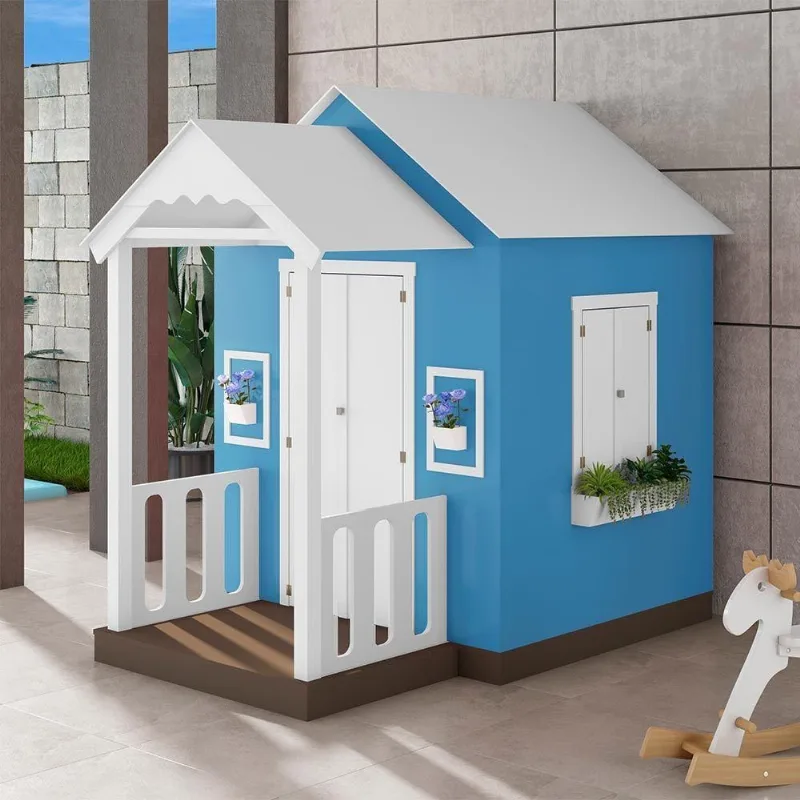Casinha De Brinquedo Artesanal Com Varanda Mdf Branco/azul Claro L12 - Criança Feliz