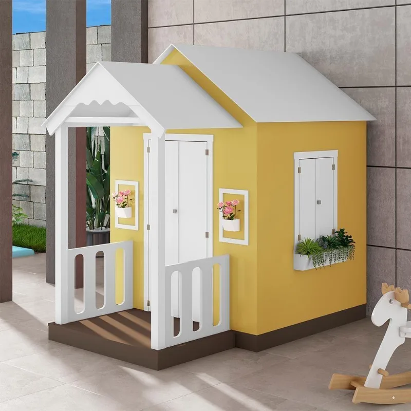 Casinha De Brinquedo Artesanal Com Varanda Mdf Branco/amarelo L12 - Criança Feliz