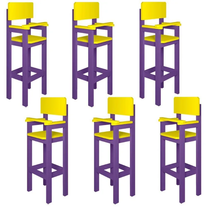 Kit 6 Cadeiras Alta Refeição Infantil Criança Restaurante Lanchonete Mdf Lilás/Amarelo L12