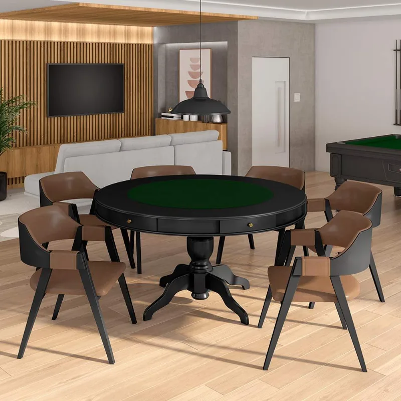 Conjunto Mesa De Jogos Carteado Bellagio Tampo Reversível 6 Cadeiras Madeira Poker Pu Caramelo/preto