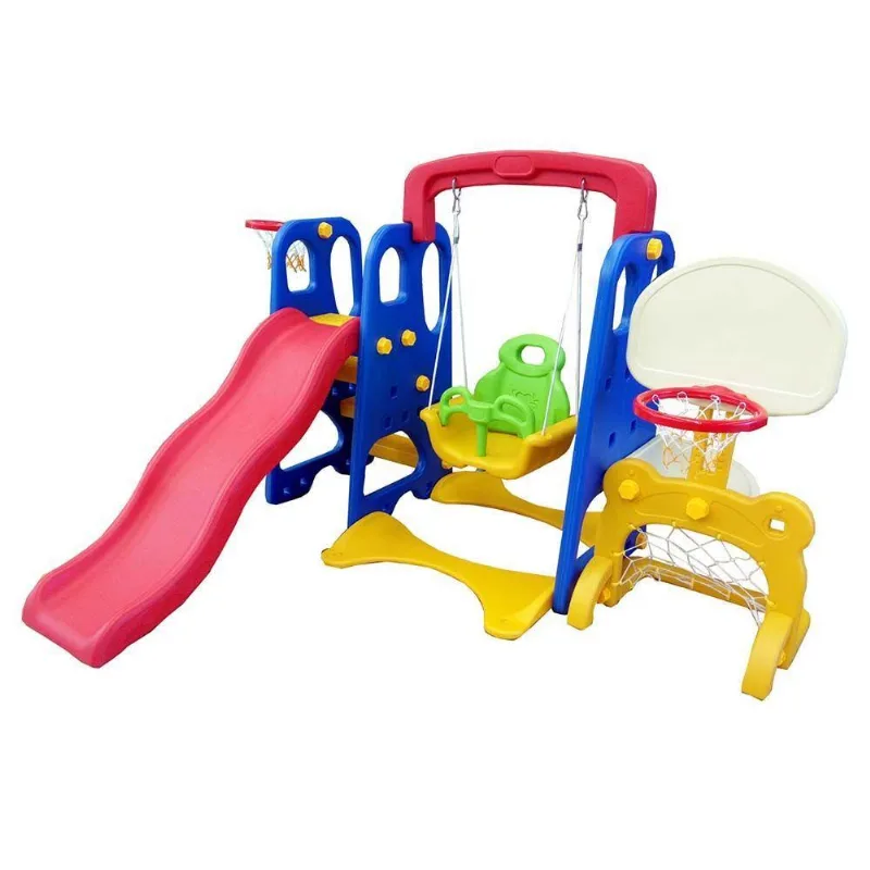 Playground Infantil 5x1 Crianças Com Cesta Escorregador Balanço Azul-vermelho-amarelo