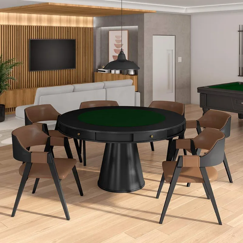 Conjunto Mesa De Jogos Carteado Bellagio Tampo Reversível E 6 Cadeiras Madeira Poker Base Cone Pu Caramelo/preto G42 - Gran Belo